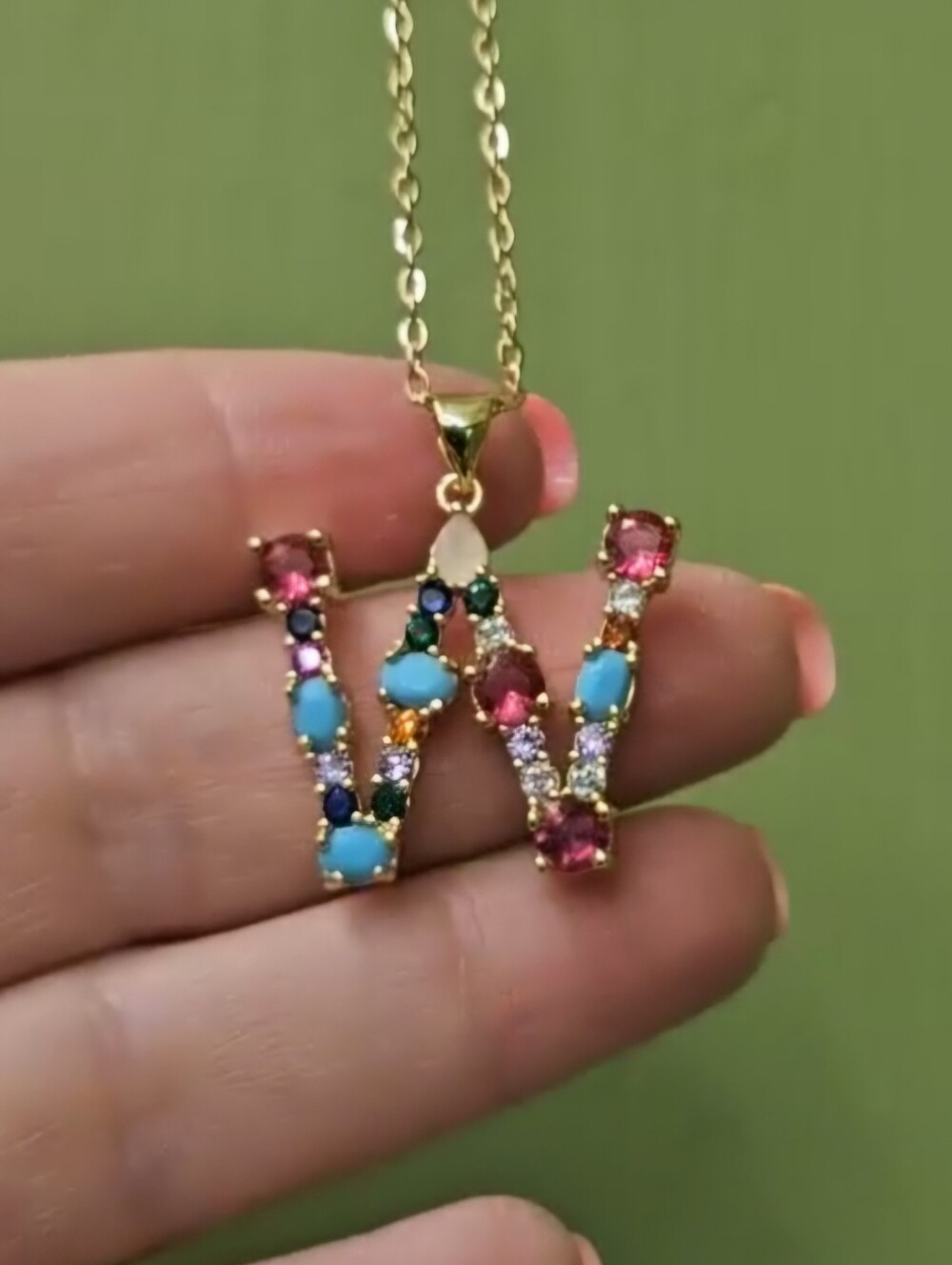 W Initial Pendant Necklace Multi-color Rhinestones Gold Tone Chain